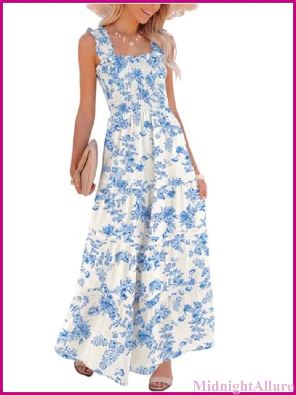 Women's Smocked Square Neck Maxi Dress Sleeveless Boho Sundress